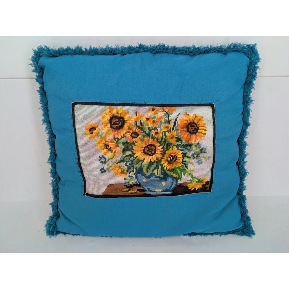 Sunflower Needlepoint Throw Pillow Blue Fringe Boho Floral Accent Cottage 18